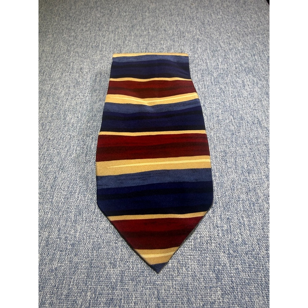 Vintage John Henry 100% Silk Necktie Horizontal Stripe Red Navy Gold